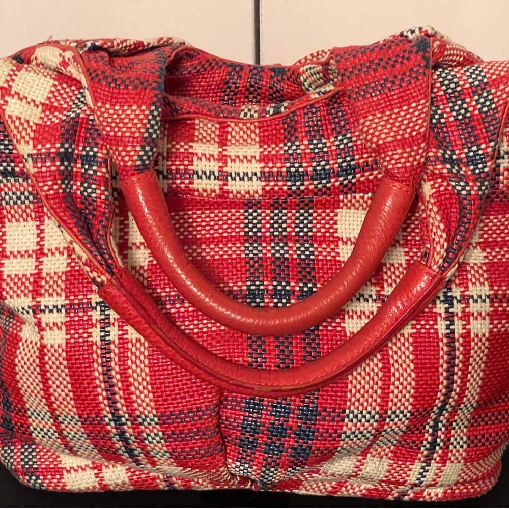 Kate Spade Bow front Plaid Medium Satchel/Handbag Red/Cream/Navy - Picture 3 of 11